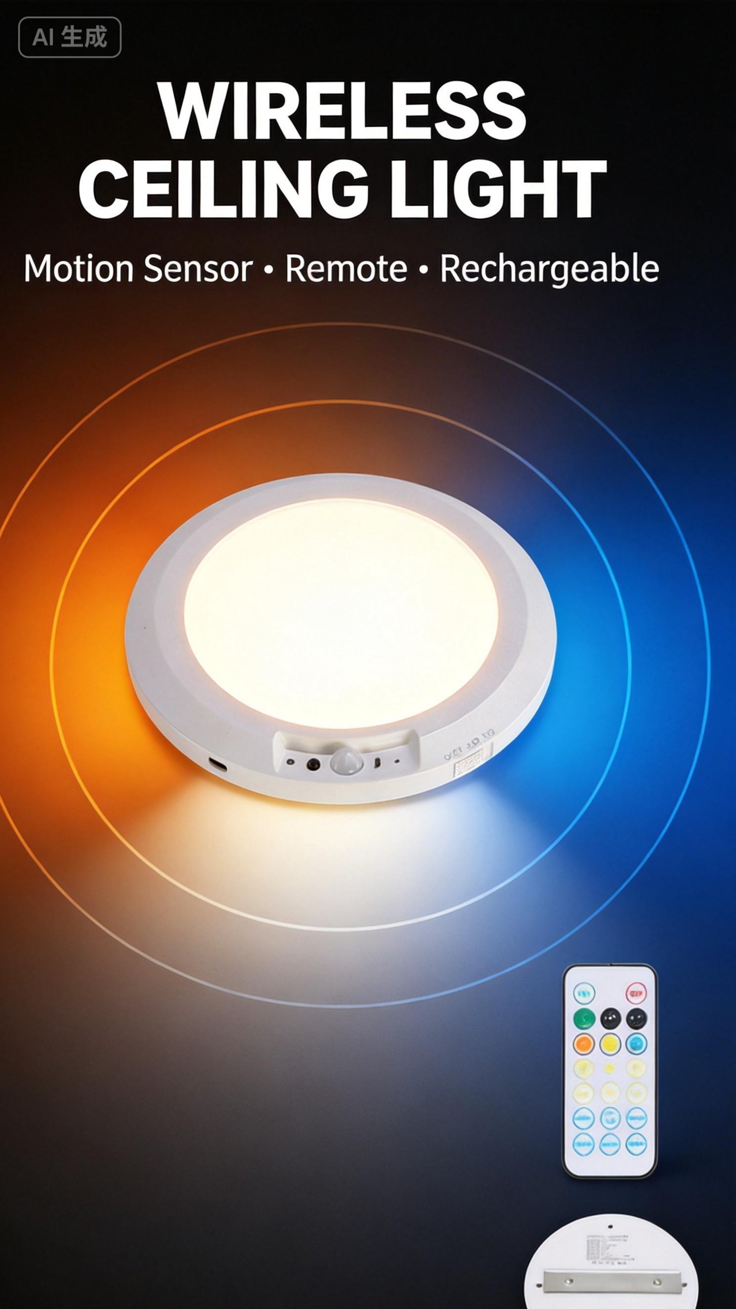 Rechargeable Motion Sensor Ceiling Light with Remote Control - Wireless Magnetic LED Light for Closet, Hallway, Stairs, Bathroom - 3 Color Temperatures, 5000mAh Battery