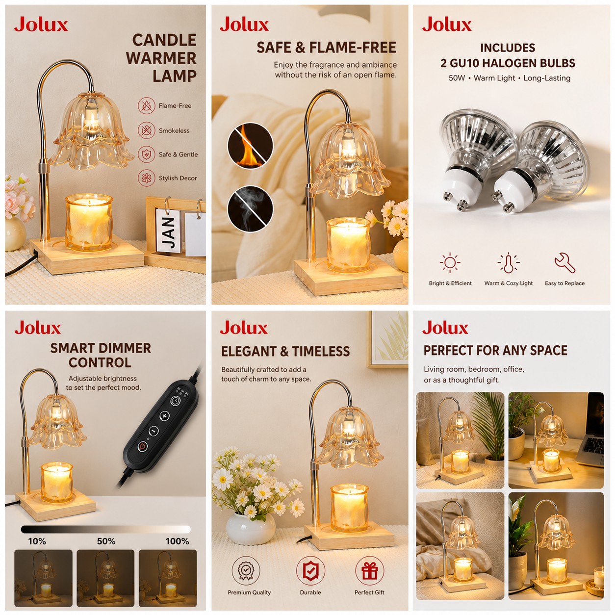 Jolux Candle Warmer Lamp with Dimmer Remote - Flame-Free Fragrance Wax Melting Lamp, Elegant Glass Shade & Wood Base, Includes 2 GU10 Halogen Bulbs for Bedroom, Living Room, Office