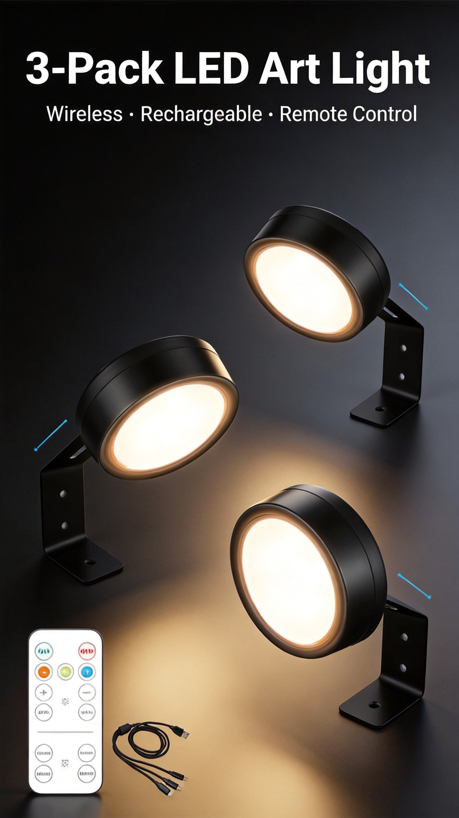 3-Pack + Rechargeable + LED Art Display Light + with Remote Control + Wireless Magnetic Picture Light + for Paintings and Home Wall Décor